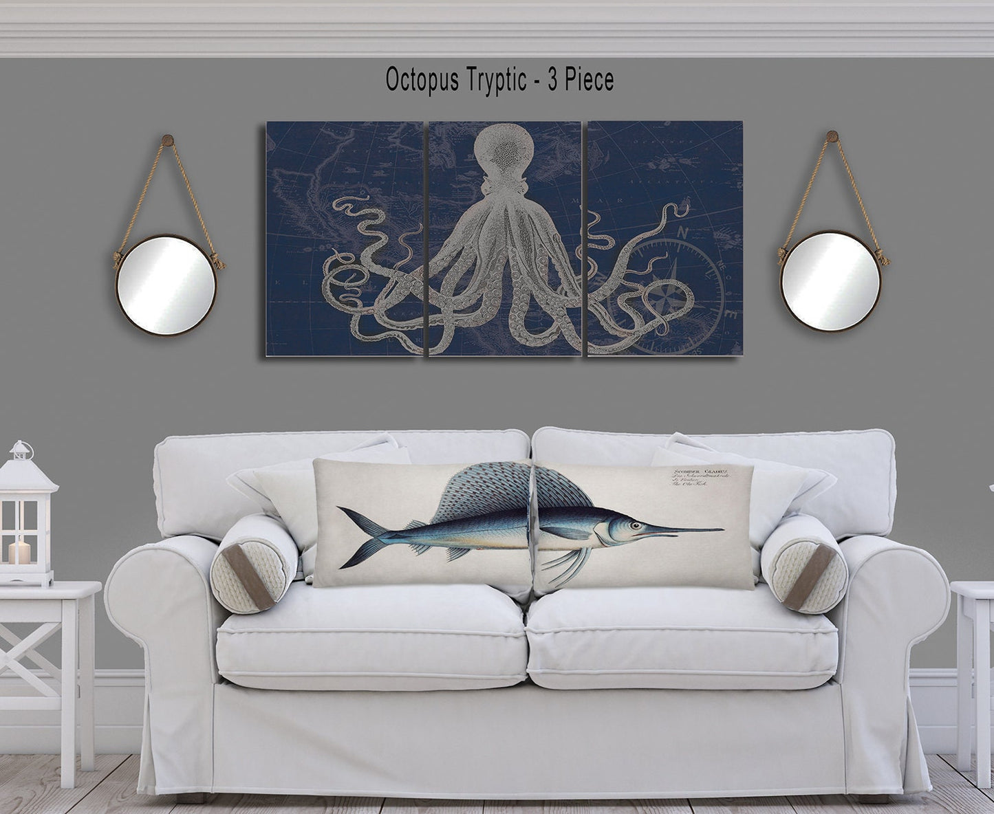 Set of 2 Sailfish Pillows Blue and White Pillow Fish Decor Nautical Pillow Nautical Decor Beach House Decor Coastal Living decor