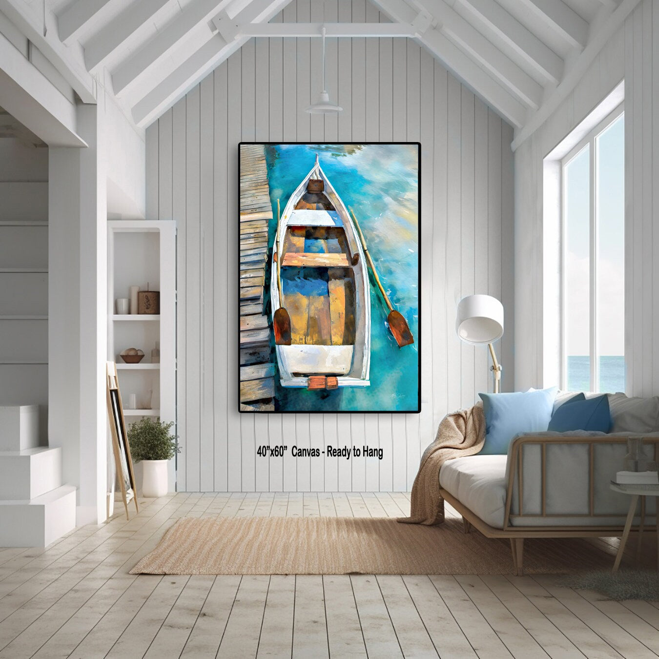 Rustic Wooden Boat Painting Canvas Print, Coastal Wall Art Lake House Wall Art, Canoe, Lakehouse Decor Beach House, Cottage Art,