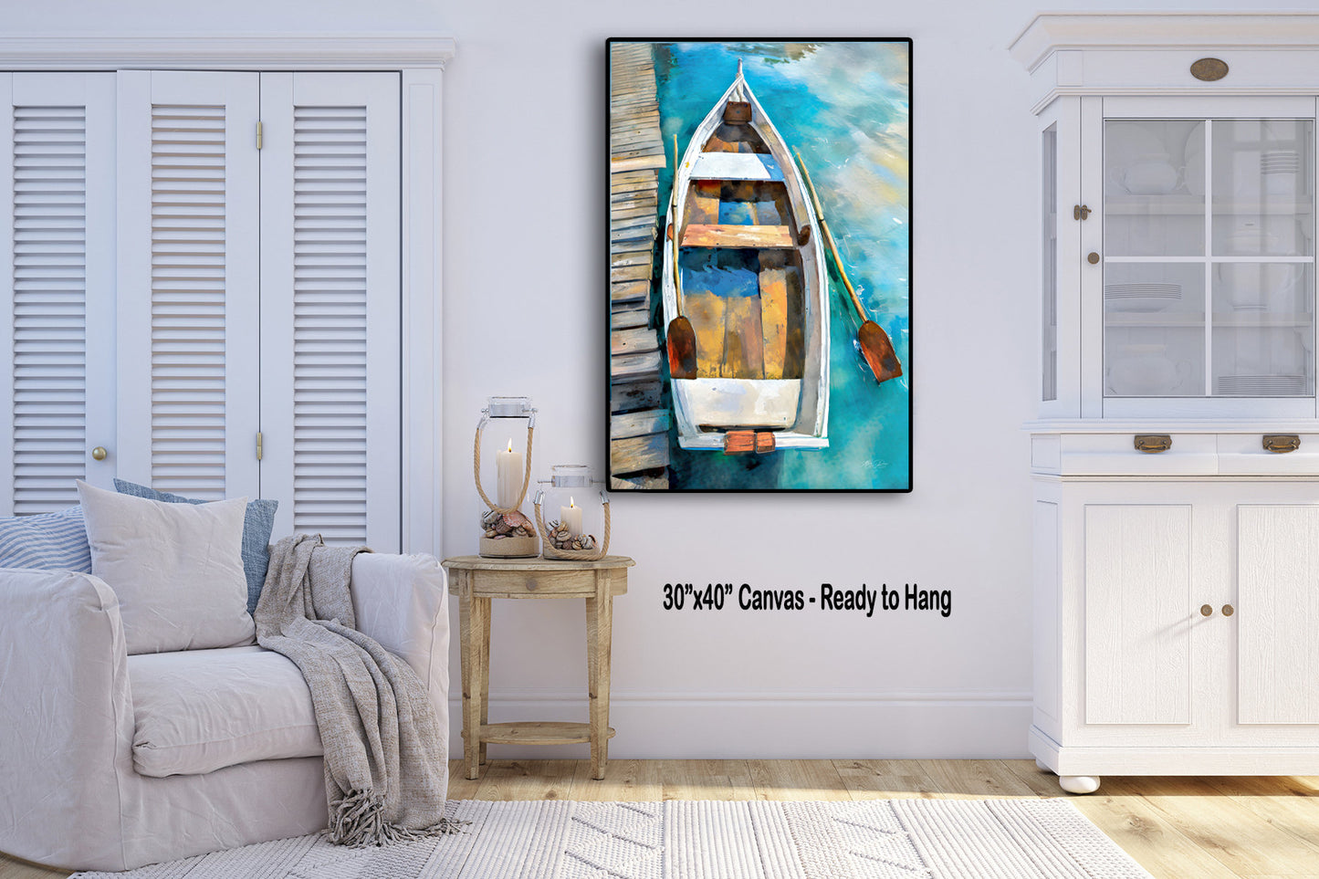 Rustic Wooden Boat Painting Canvas Print, Coastal Wall Art Lake House Wall Art, Canoe, Lakehouse Decor Beach House, Cottage Art,